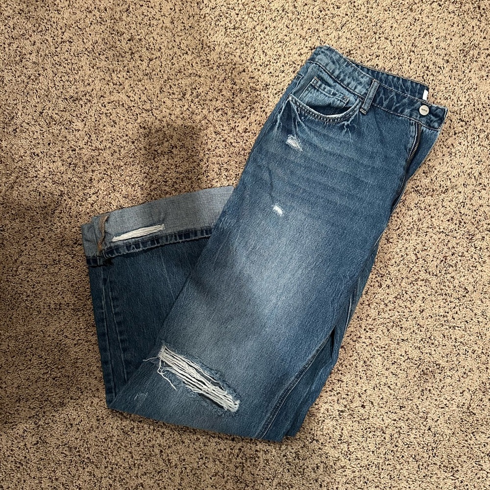 Blue Flare Wide Leg Jeans with Distressed Details